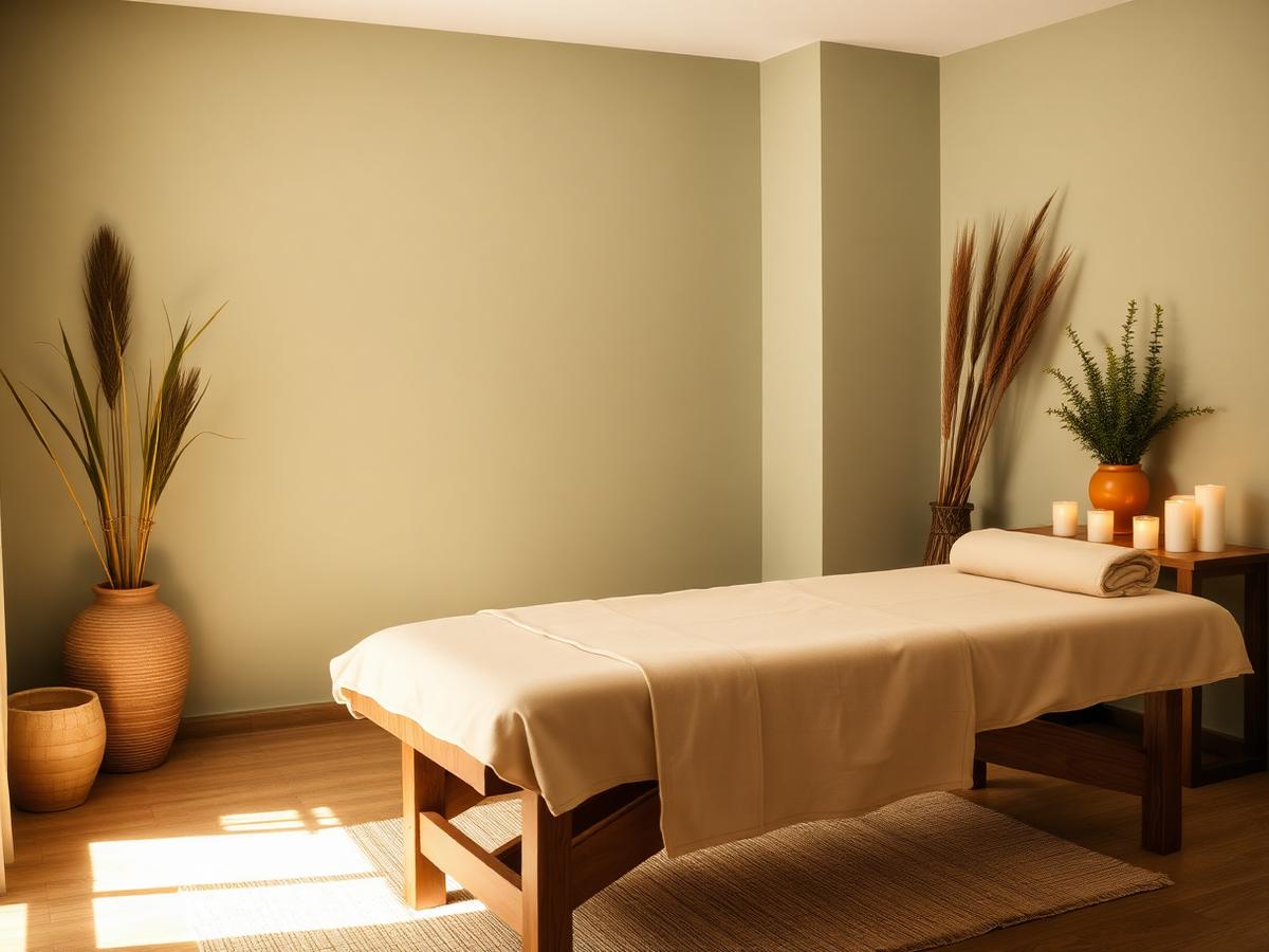 Sala de atendimento com maca, plantas e luz natural