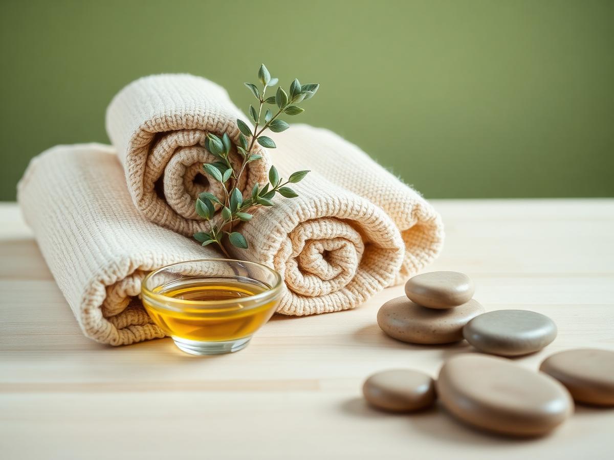 Toalhas, óleo e pedras usadas nas sessões